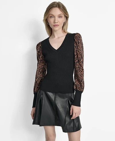 Dkny Women's V-Neck Rib-Knit Satin-Long-Sleeve