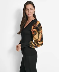Dkny Women's V-Neck Rib-Knit Satin-Long-Sleeve
