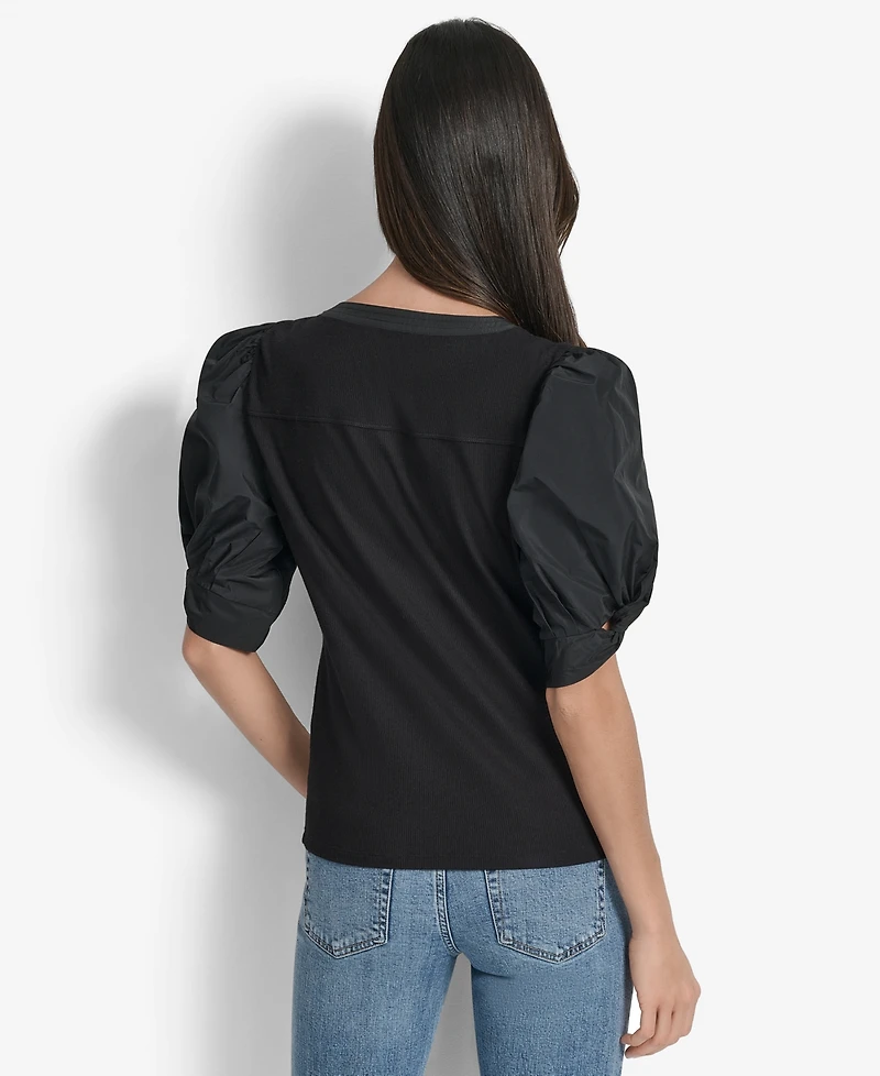 Dkny Women's Mixed-Media Taffeta Puff-Sleeve Top