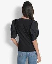 Dkny Women's Mixed-Media Taffeta Puff-Sleeve Top