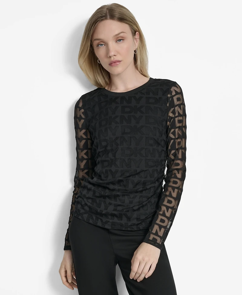Dkny Women's Logo-Mesh Jacquard Long-Sleeve Top