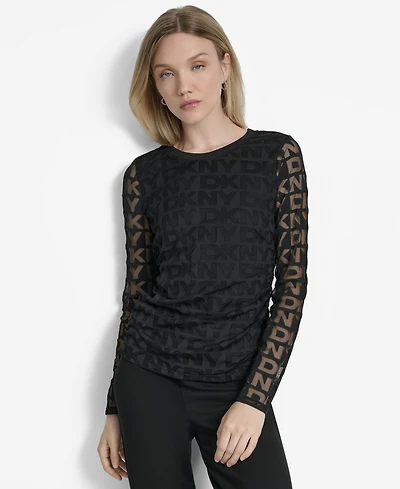 Dkny Women's Logo-Mesh Jacquard Long-Sleeve Top