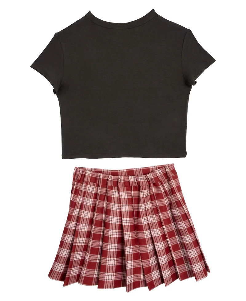 Rare Editions Big Girls 2-Piece T-Shirt and Plaid Pleated Skort Set Butterfly Hair Clip