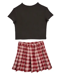 Rare Editions Big Girls 2-Piece T-Shirt and Plaid Pleated Skort Set Butterfly Hair Clip