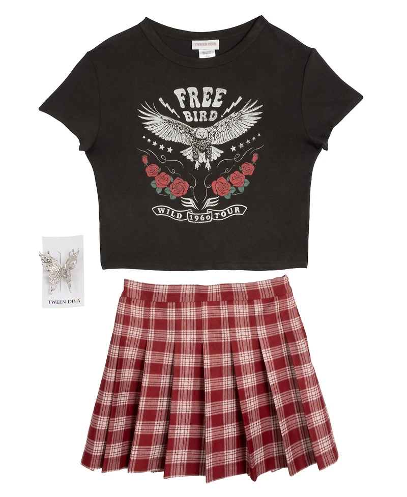 Rare Editions Big Girls 2-Piece T-Shirt and Plaid Pleated Skort Set Butterfly Hair Clip