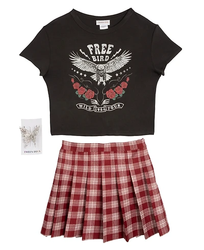 Rare Editions Big Girls 2-Piece T-Shirt and Plaid Pleated Skort Set Butterfly Hair Clip