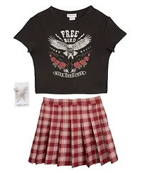 Rare Editions Big Girls 2-Piece T-Shirt and Plaid Pleated Skort Set Butterfly Hair Clip