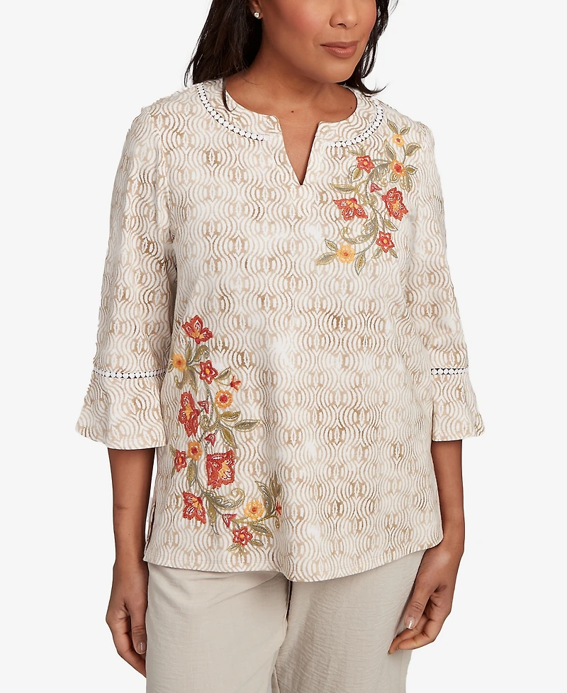 Alfred Dunner Women's Copper Canyon Printed Floral Bell Sleeve Embroidered Top