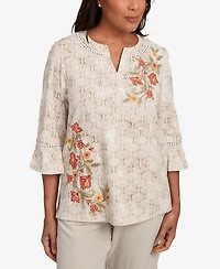 Alfred Dunner Women's Copper Canyon Printed Floral Bell Sleeve Embroidered Top