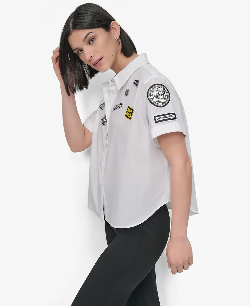 Dkny Women's Cotton Collared Pins & Patch Blouse