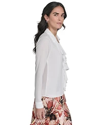Calvin Klein Petite Ruffle-Trim Collared Blouse