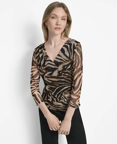 Dkny Women's 3/4-Sleeve Printed Mesh V-Neck Top