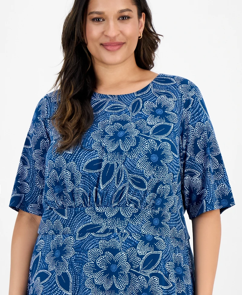 London Times Plus Short-Sleeve Printed Fit & Flare Midi Dress