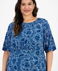 London Times Plus Short-Sleeve Printed Fit & Flare Midi Dress