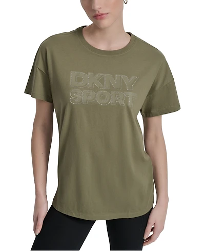 Dkny Sports Women's Rhinestone-Logo Drop-Shoulder T-Shirt