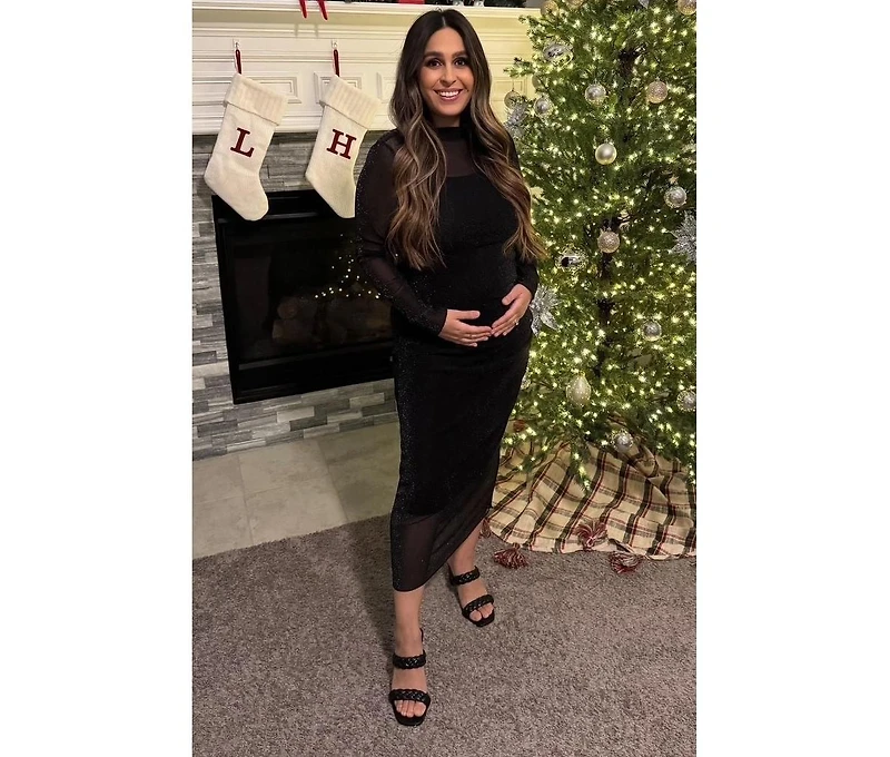 Pinkblush Maternity Black Shimmer Mesh Long Sleeve Ruched Midi Dress