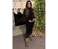 Pinkblush Maternity Black Shimmer Mesh Long Sleeve Ruched Midi Dress