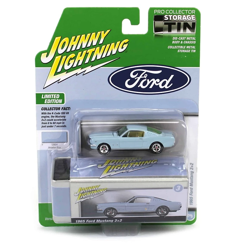 1/64 1965 Ford Mustang Fastback Blue Johnny Lightning Collector Tin
