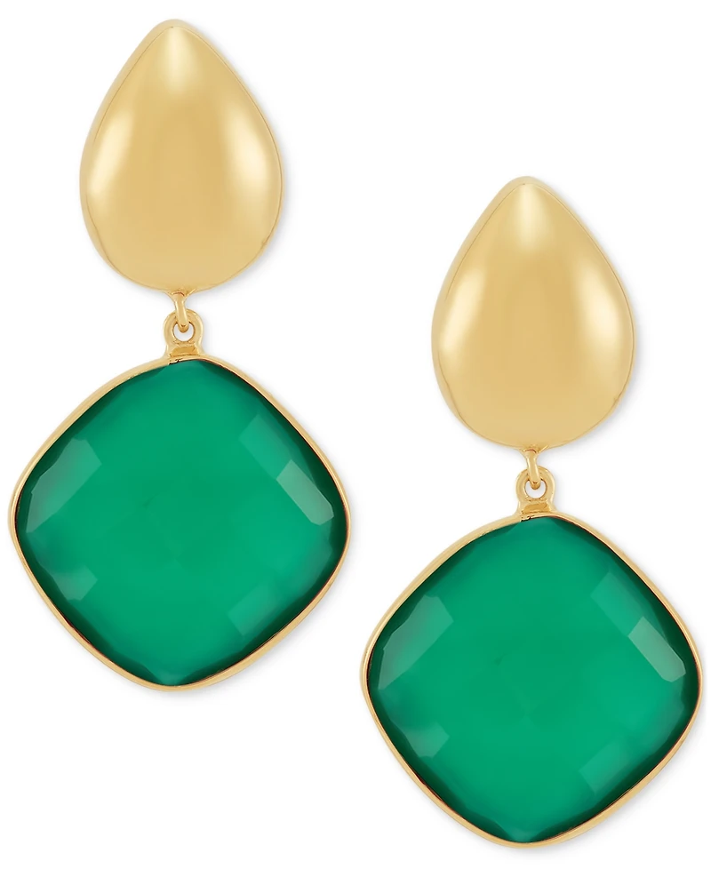 Green Onyx Square Drop Earrings 24k Gold-Plated Sterling Silver (Also Black Onyx)