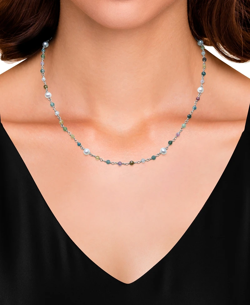 Cultured Freshwater Pearl (4-5mm) & Multicolor Tourmaline 18" Collar Necklace in Sterling Silver