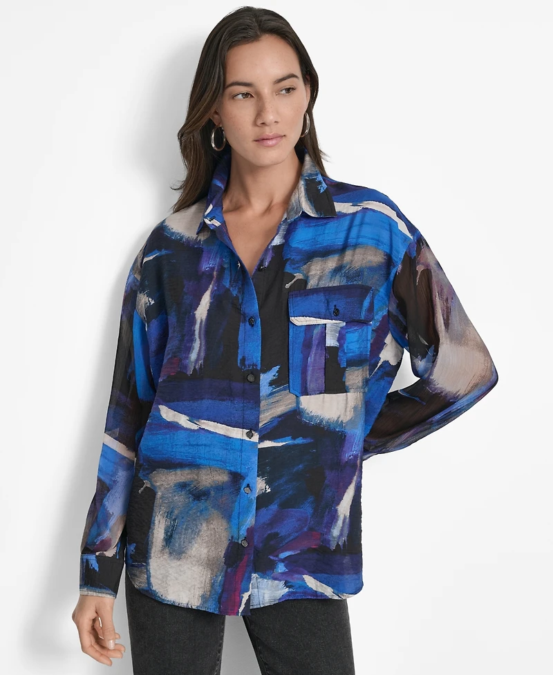 Dkny Women's Printed Voile Button-Front Shirt