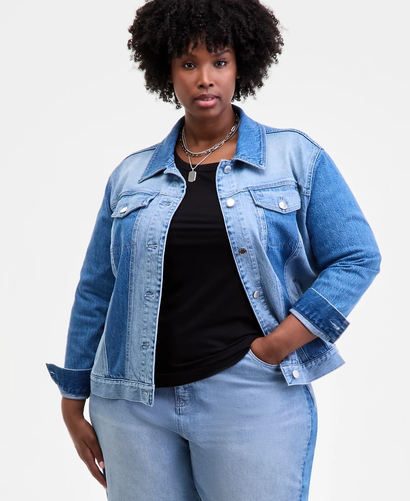 On 34th Trendy Plus Two-Tone Denim Trucker Jacket, Macy's Exclusive