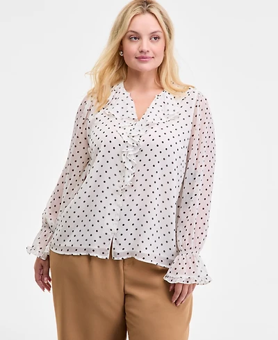 On 34th Women's Trendy Plus Dot-Print Ruffle Long-Sleeve Blouse, Macy's Exclusive