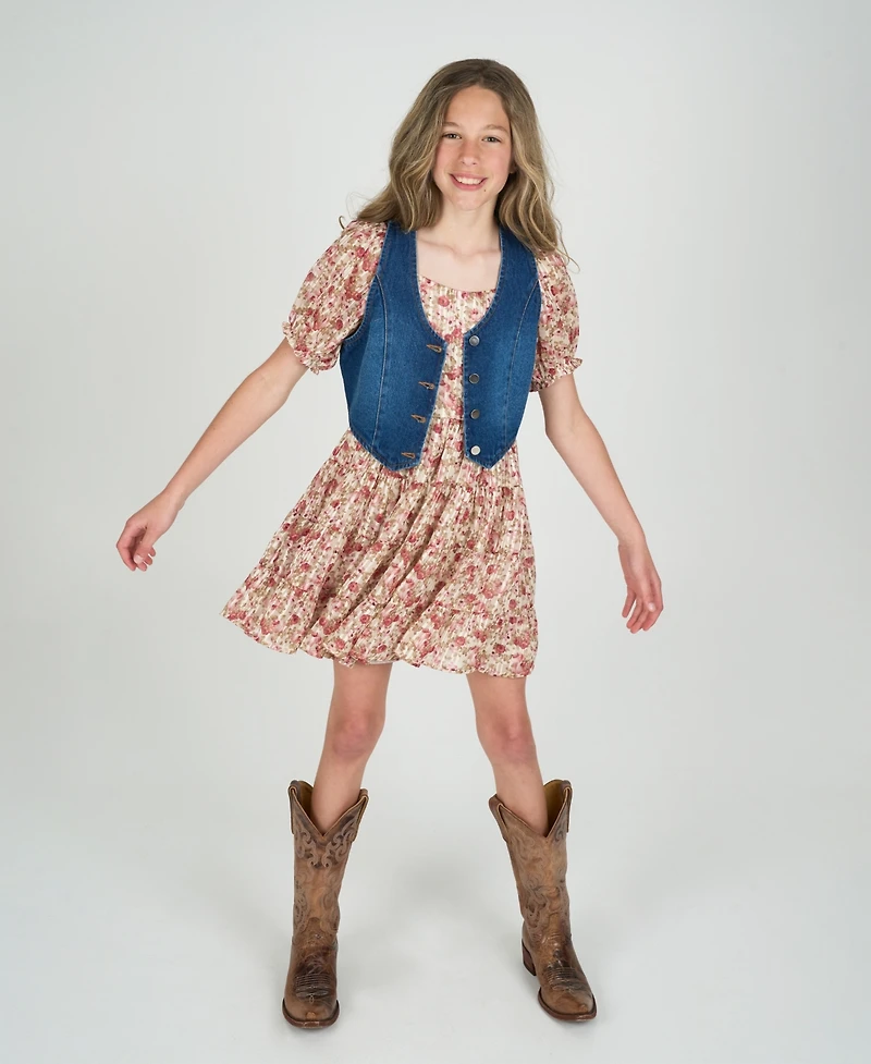 Rare Editions Big Girls 2-Piece Lurex Chiffon With Denim Vest and Dress Set