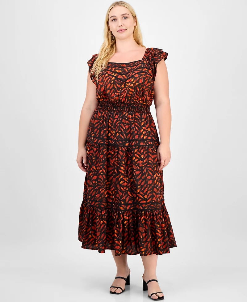Democracy Trendy Plus Flutter-Sleeve Tiered Midi Dress