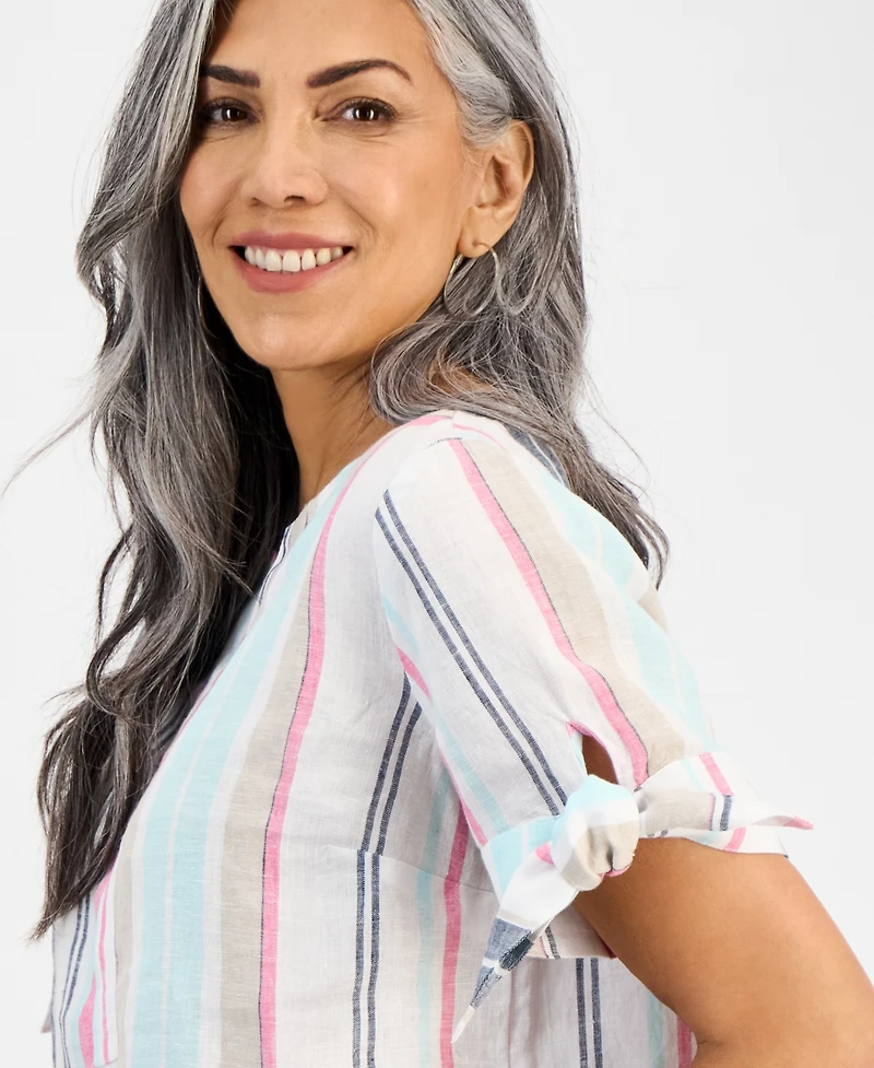 Charter Club Women's Striped 100% Linen Tied-Sleeve Top, Exclusively at Macy's
