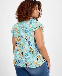 Democracy Trendy Plus Printed Flutter-Sleeve Top