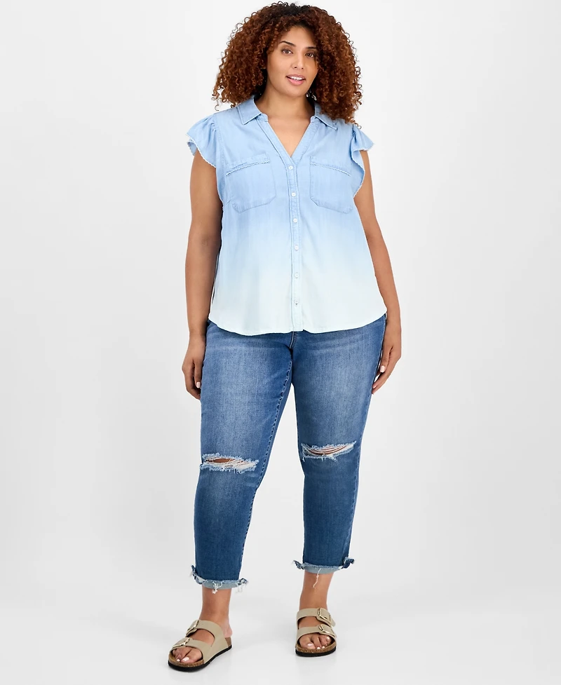 Democracy Trendy Plus Collared Flutter-Sleeve Top