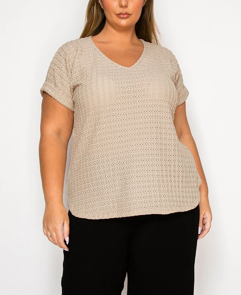 Coin 1804 Plus Size Eyelet Jersey V Neck Rolled Sleeve Top