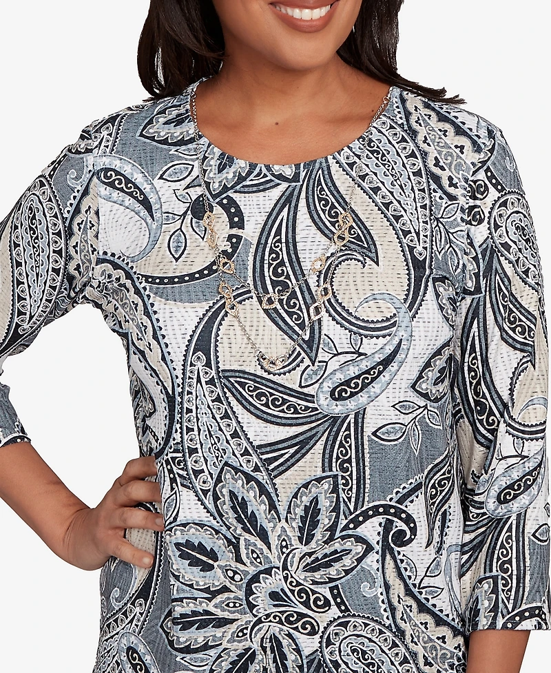 Alfred Dunner Women's Santa Barbara Reversible Paisley Crew Neck Top with Necklace