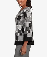 Alfred Dunner Women's Santa Barbara Patchwork Solid Black Trim Crew Neck Top