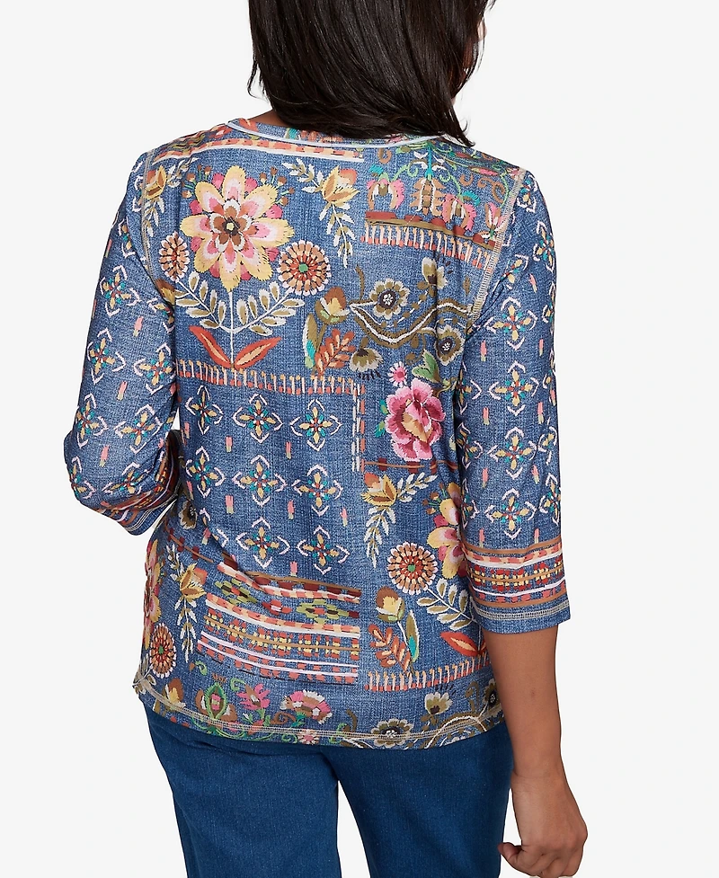 Alfred Dunner Women's El Paso Mixed Pattern Floral Patch Top