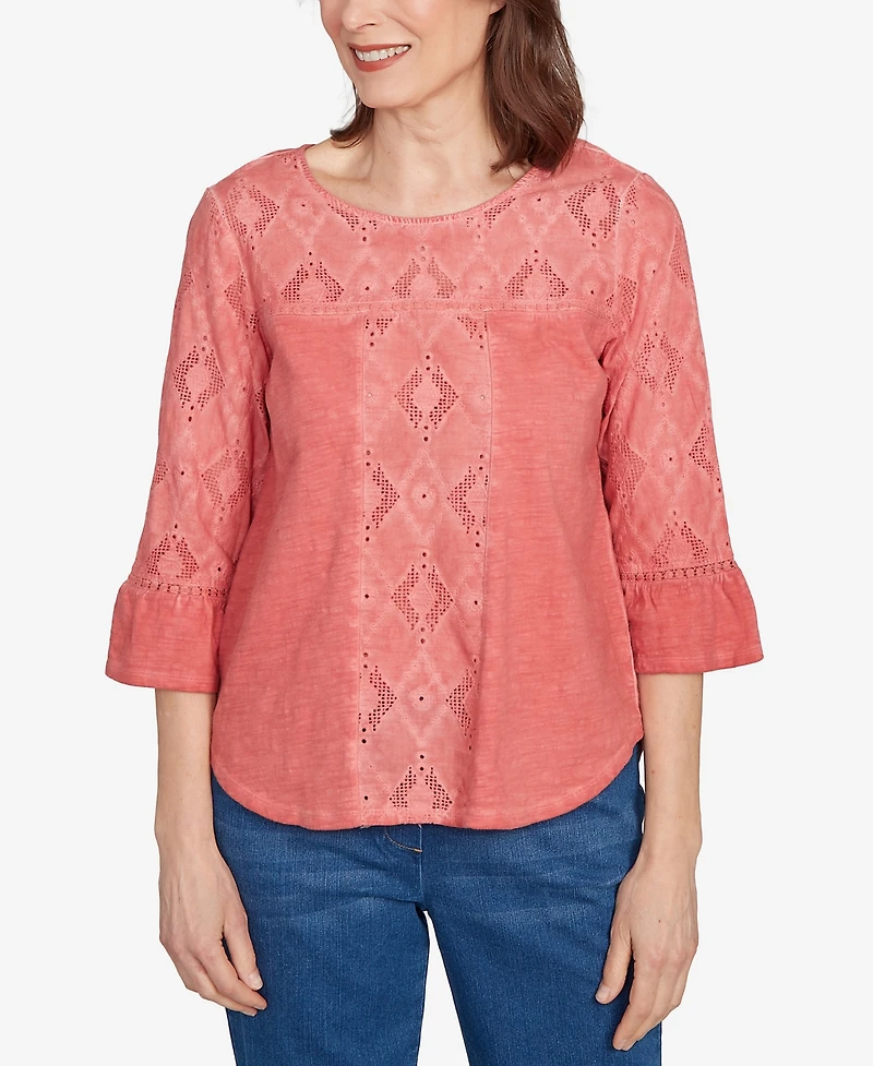 Alfred Dunner Women's El Paso Diamond Textured Spliced Bell Sleeve Top