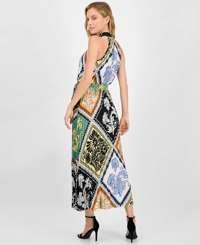 T Tahari Women's Printed Tie-Waist Pleated-Skirt Halter Maxi Dress
