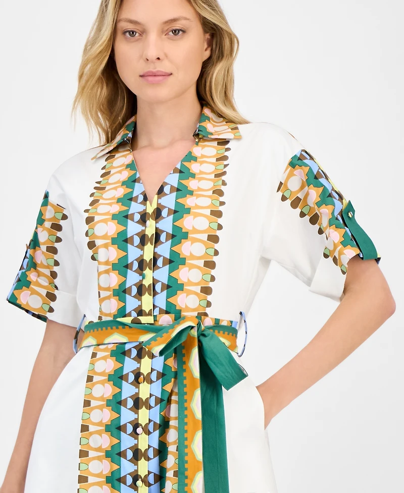 T Tahari Women's Printed Elbow-Sleeve Tie-Waist Split-Neck Midi Dress