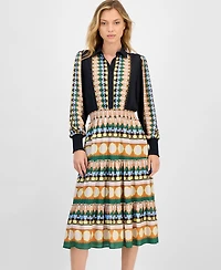 T Tahari Women's Printed Half-Placket Smocked-Waist Midi Dress