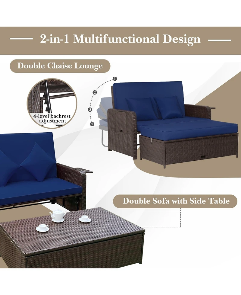 Gymax Rattan Loveseat Set Daybed Lounge w/ Storage Ottoman Side Tables Adjust Patio
