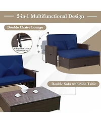 Gymax Rattan Loveseat Set Daybed Lounge w/ Storage Ottoman Side Tables Adjust Patio