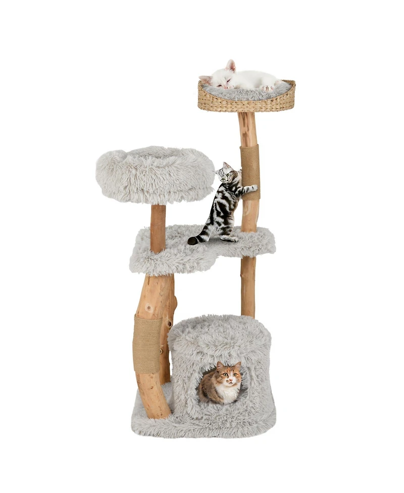 Solid Wood Cat Tower with Top Cattail Basket Cat Bed