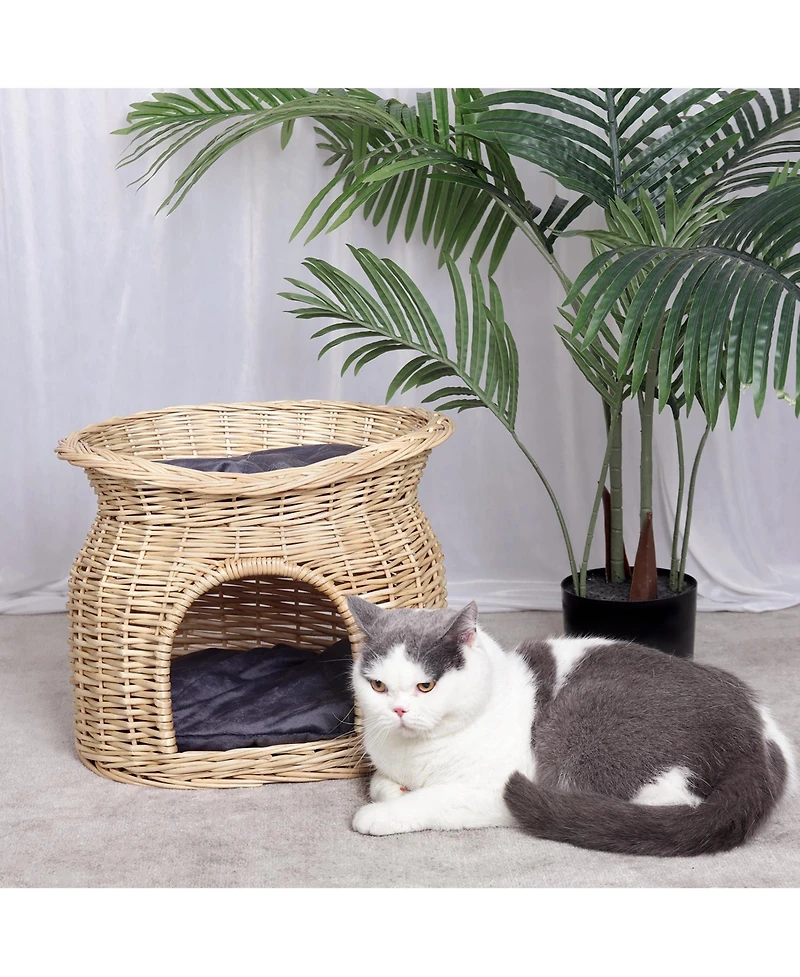 Bingopaw 2-Tier Elevated Cat Bed Wicker Ratten Cat Basket Play House W/ Soft Cushion