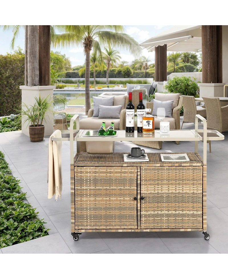 Mondawe Wicker Bar Cart with Steel Top, Ice Bucket & Lockable Wheels