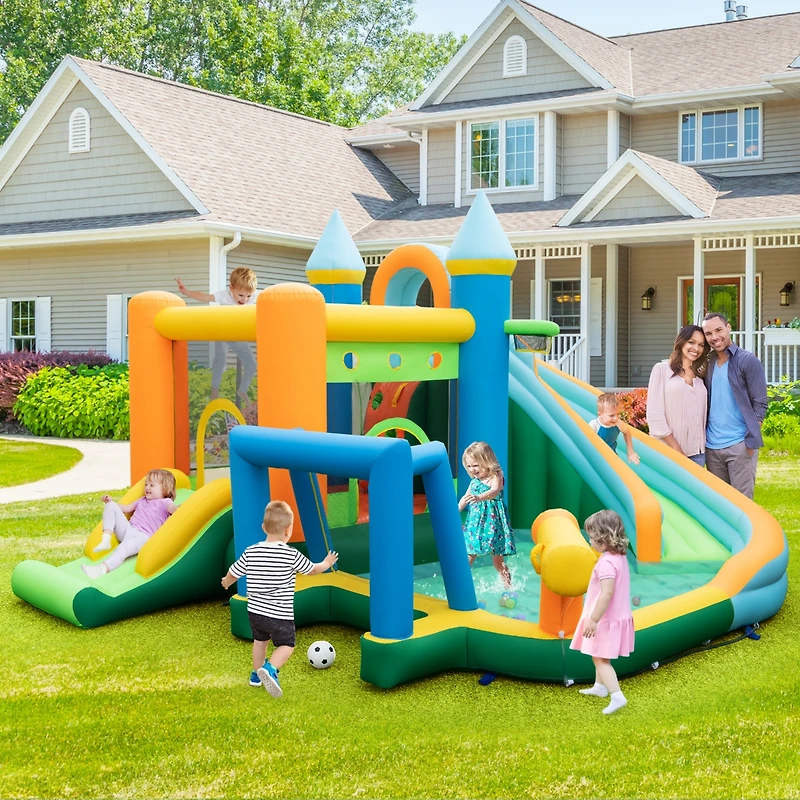 Inflatable Water Slide with Dual Slides and Splash Pool Bounce House with 735W Blower - Multi