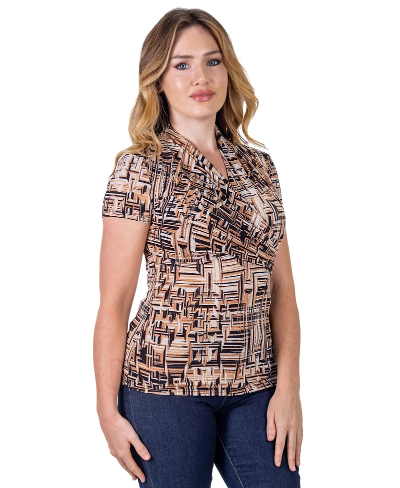 24seven Comfort Apparel Petite Brown Print Short Sleeve V-Neck Wrap Top