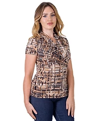 24seven Comfort Apparel Petite Brown Print Short Sleeve V-Neck Wrap Top