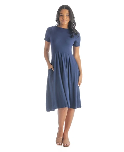 24seven Comfort Apparel Petite Midi Dress with Short Sleeves and Pocket Detail