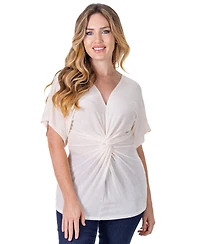 24seven Comfort Apparel Petite V-Neck Knot Front Kimono Sleeve Top